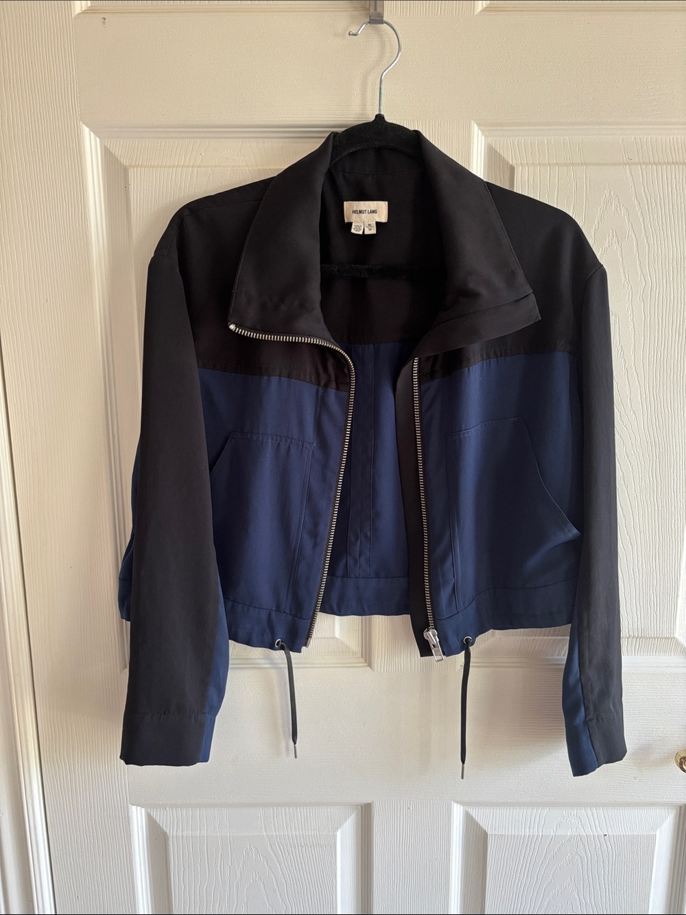 Helmut Lang cropped, lightweight zipped top. Black & blue. Size M. Made in USA.